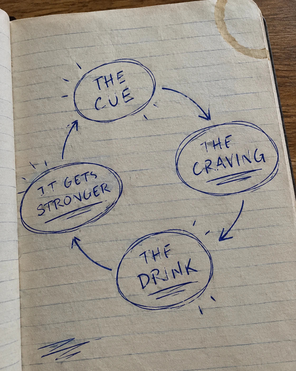 Hand-drawn craving loop diagram in a notebook
