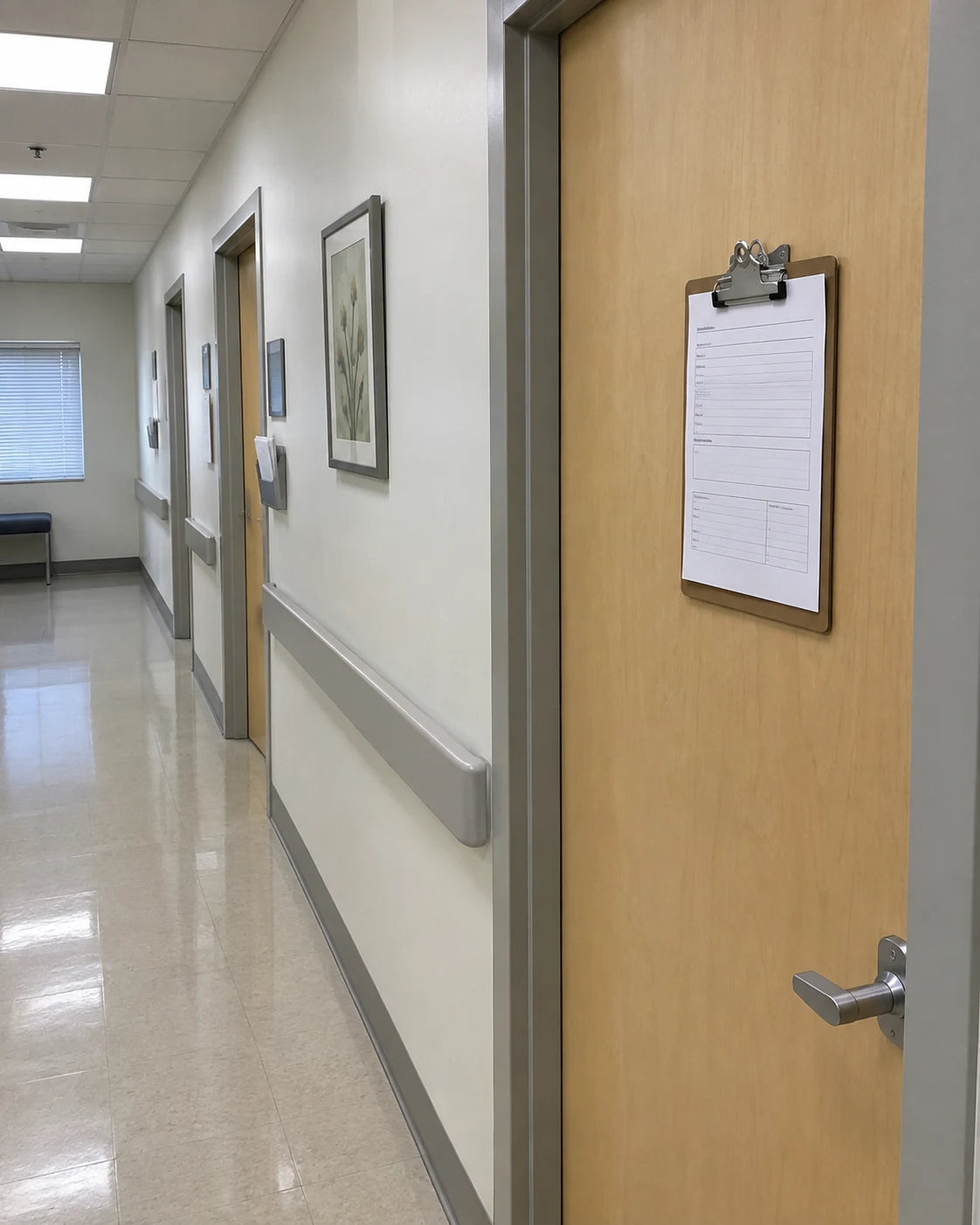 Empty clinic hallway with a blank intake form